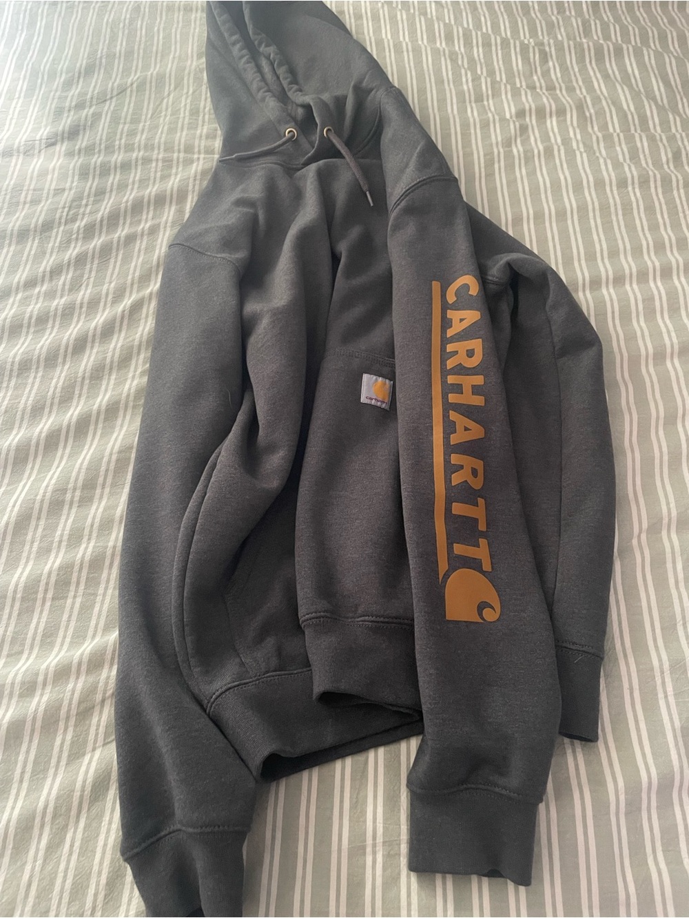 Carhartt Men's Charcoal Crewneck Sweatshirt with Tan Sleeve Logo